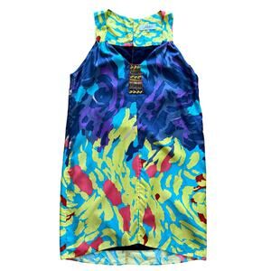 Tibi New York Sz 8 Beaded Silk Shift Dress Vibrant Tribal Watercolor Mini